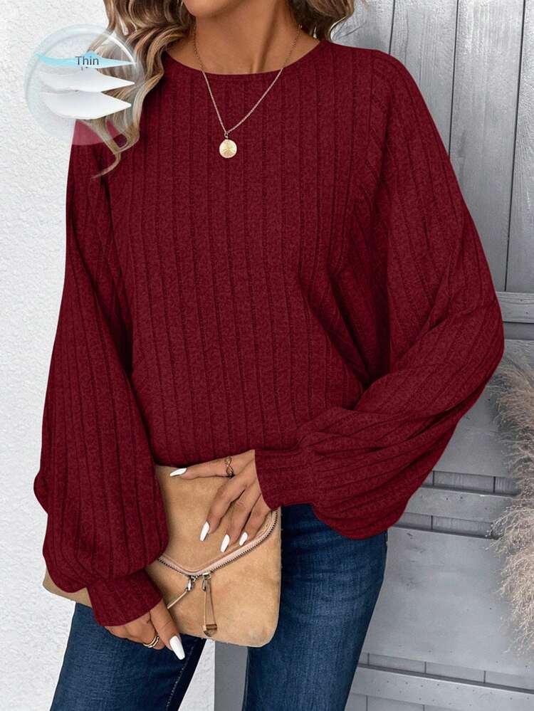 Plus Size Women Casual Solid Color Ribbed Batwing Sleeve Sweatshirt/Winter