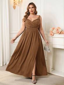 SHEIN Clasi 大码女士优雅连衣裙，吊带高开衩长裙，适合婚礼、宾客聚会、正式场合、外出、节日派对等场合。 - 棕色 - 查看 4