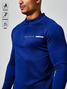 Acti Log 男士字母印花半拉链立领插肩袖修身运动T恤，适合健身、跑步、骑行等运动，男士压缩衣 - 藍色 - 查看 6