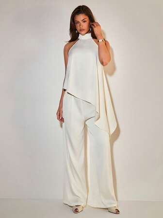 COSMINA 女士优雅露背缎面不对称两件套，适合聚会和日常穿着，四季皆宜