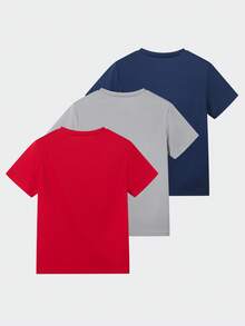 SHEIN Vacaura 3 件装 Tween Boy 圆领短袖 T 恤，带标签装饰，春夏 - 紅色 - 查看 2