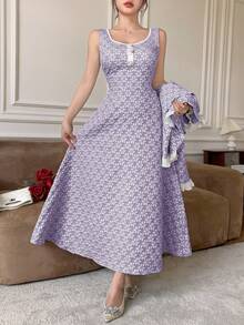 Modelyn 女士花卉提花荷叶边长袖单排扣外套和无袖连衣裙优雅两件套 - 紫丁香色 - 查看 6