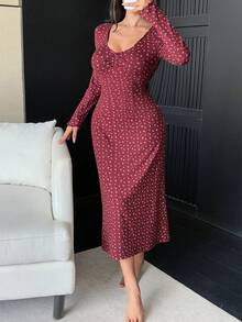 DAZY Ditsy Floral V-Neck Long Nightgown For Women - Brown - View 7