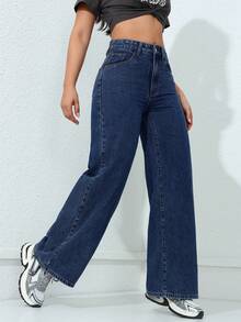 SHEIN ICON 女士高腰口袋休闲百搭阔腿牛仔裤 - 深色水洗藍 - 查看 6