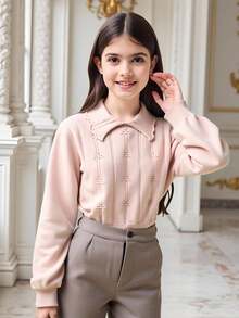 SHEIN 秋冬款青少年女童休闲宽松翻领长袖毛衣 - 粉色 - 查看 1