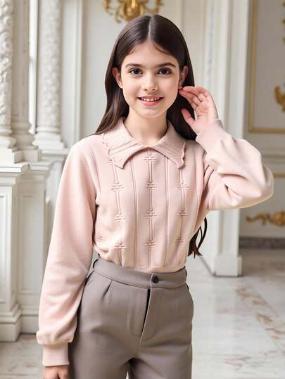 SHEIN 秋冬款青少年女童休闲宽松翻领长袖毛衣