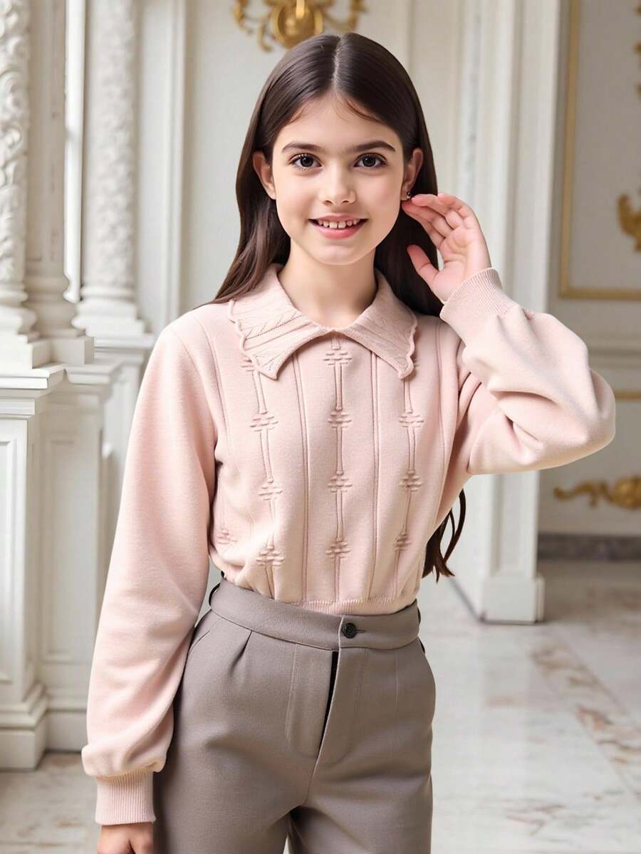 SHEIN 秋冬款青少年女童休闲宽松翻领长袖毛衣 - 粉色 - 查看 1