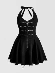 ROMWE Grunge Punk Spring/Summer Grunge-Punk Vintage Edgy Deep Black Washed Rivet Pleated Halter Dress, Plus Size Denim Dress - Black - View 1