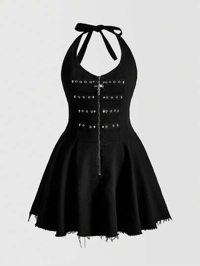 ROMWE Grunge Punk Grunge-Punk Vintage Edgy Deep Black Washed Rivet Pleated Halter Dress, Plus Size Denim Dress
