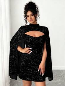Elenzga 大码女式立领镂空设计斗篷性感优雅连衣裙 - 黑色 - 查看 4