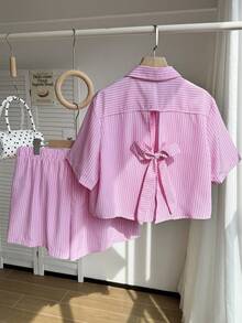 GalTyme Bộ áo sơ mi tay ngắn in họa tiết sọc thường ngày cho kỳ nghỉ cỡ lớn dành cho nữ và quần short - Hồng - Xem 1