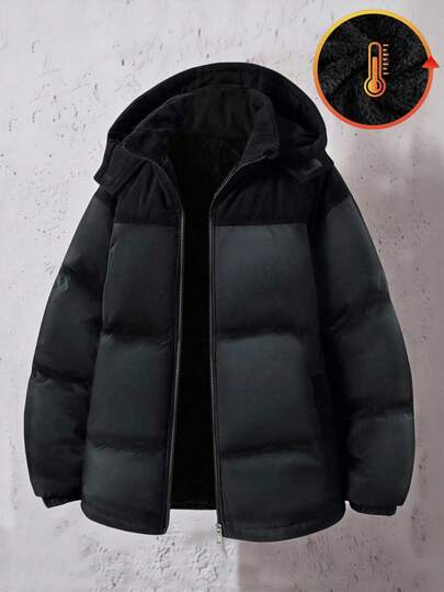 Vacaura 1pc Black Thermal Lined Hooded Parka For Teenage Boys, Fashionable Loose Fit Padded Coat Suitable For Autumn/Winter, Outdoor, Travel, School And Various Occasions Fall