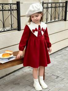 Elladie kids 女童秋季连衣裙，彼得潘领，蝴蝶结装饰，半开襟，长袖，宽松版型，时尚百搭，适合派对和一周岁生日穿着