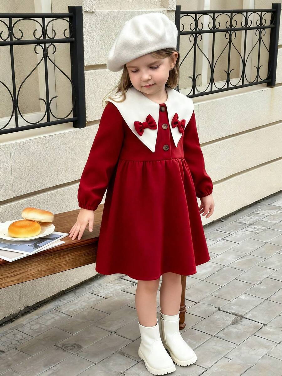 Elladie kids 女童秋季连衣裙，彼得潘领，蝴蝶结装饰，半开襟，长袖，宽松版型，时尚百搭，适合派对和一周岁生日穿着