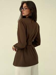 Aloruh Ciemnobrązowa minimalistyczna marynarka damska do pracy w biurze z długim rękawem i luźnym paskiem i imitacją kieszeni