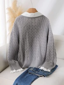 CosyJoli Plus Size Women Gray Twist Knit Sweater Collared Sweater Women Sweater Gray Sweater Cable Knit Sweater Sweater With Collar Cute Sweater In Fall/Winter