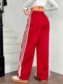 Pantalones de mujer con cintura elástica, contraste blanco en los lados - Rojo - Ver 2