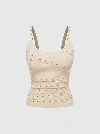 Grunge Punk Damen ärmelloses, sexy Top mit Spaghettiträgern und tiefem Ausschnitt in Schwarz mit Nieten, Strass und Bändern, geeignet für Sommer, Strand, Abschluss, Ostern, Konzerte, Nashville-Urlaub, Musikfestivals, Rock