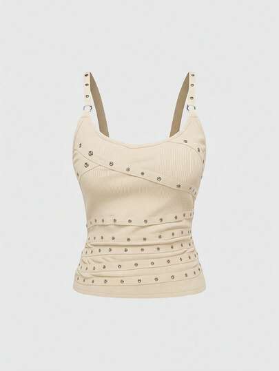 Grunge Punk Chaleco sin mangas sexy de mujer con tirantes finos, escote bajo, en color negro, con tachuelas, rhinestones y cintas, adecuado para verano, playa, graduación, Pascua, conciertos, vacaciones en Nashville, festivales de música, rock