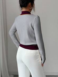 Elenzga 优雅蓝白菱形图案翻领仿门襟长袖针织毛衣，适合通勤和日常穿着，秋冬季 - 酒紅色 - 查看 2