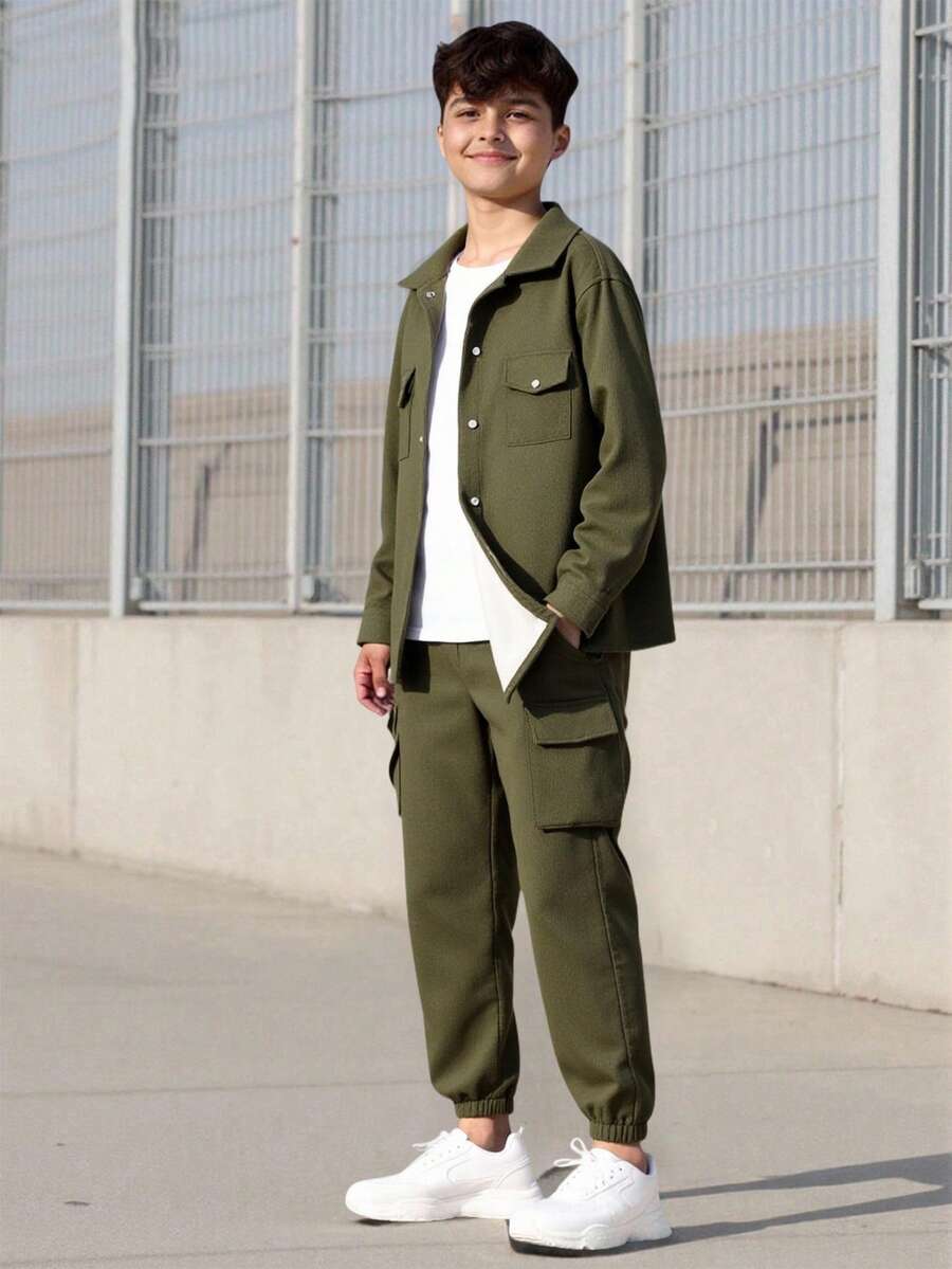 Vacaura 1 Set Teen Boys' Thermal Lined Green Casual Hoodie & Pants 2 Pieces Outfit - Dark Green - View 1