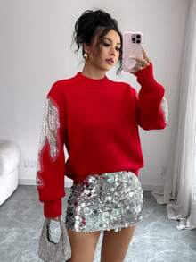 Xyvia Women's Elegant Embroidered Sequins Splice Sleeve High Neck Solid Color Long Sleeve Sweater, Autumn/Winter - Red - View 1