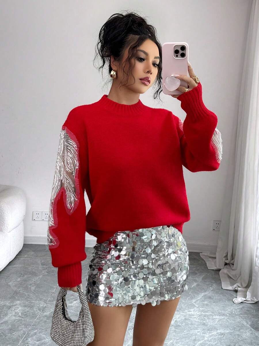 Xyvia Women's Elegant Embroidered Sequins Splice Sleeve High Neck Solid Color Long Sleeve Sweater, Autumn/Winter - Red - View 1