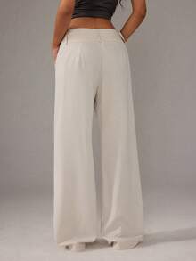 SHEIN PETITE 女士纯色口袋纽扣休闲百搭阔腿裤 - 杏色 - 查看 2