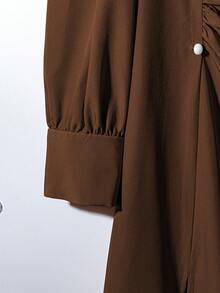Franclia Women's Elegant Button Decor Ruffle Long Sleeve Dress, Autumn - Brown - View 6
