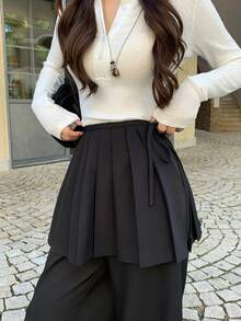 DAZY Women's Pleated Skirt With Tie-Up Waist & Ankle Length Pants 2 Pieces Set - Khaki - View 3