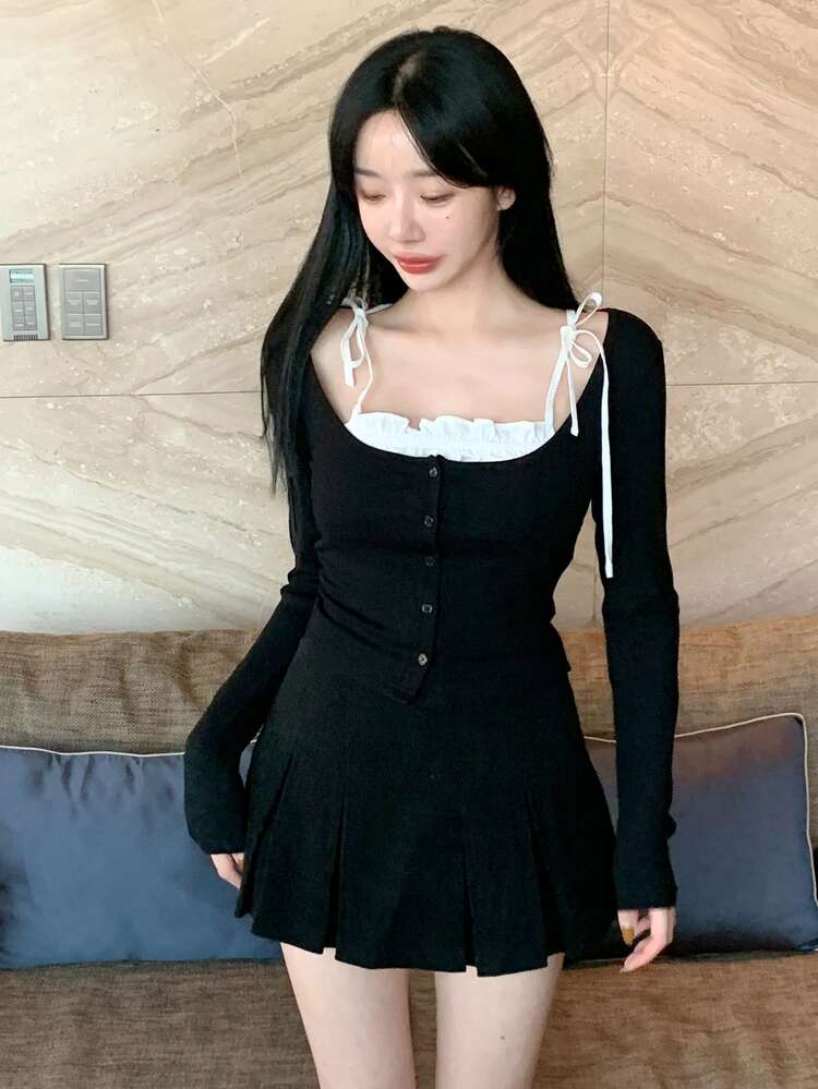 Women's Casual Long Sleeve T-Shirt With Bowknot Strap, 2 In 1