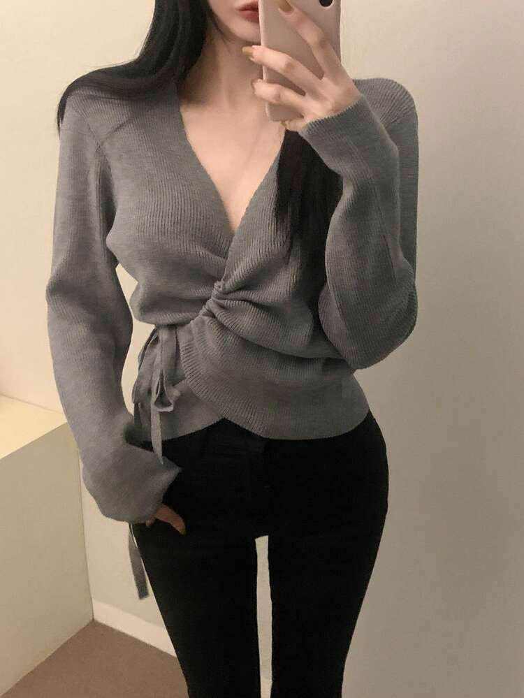 Women's Solid Color Tie-Up Elegant Long Sleeve Sweater, Autumn/Winter