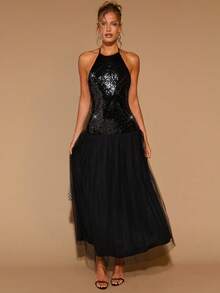 COSMINA Robe maxi élégante plissée en maille contrastée avec sequins pour femmes, robe de soirée noire, robe noire à sequins, robe noire scintillante - Noir - Voir 5