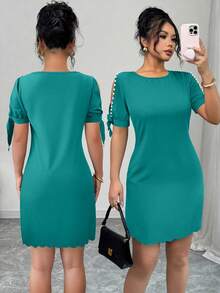 Elenzga 女士纯色圆领开衩袖珍珠缀饰优雅连衣裙 - 綠色 - 查看 3