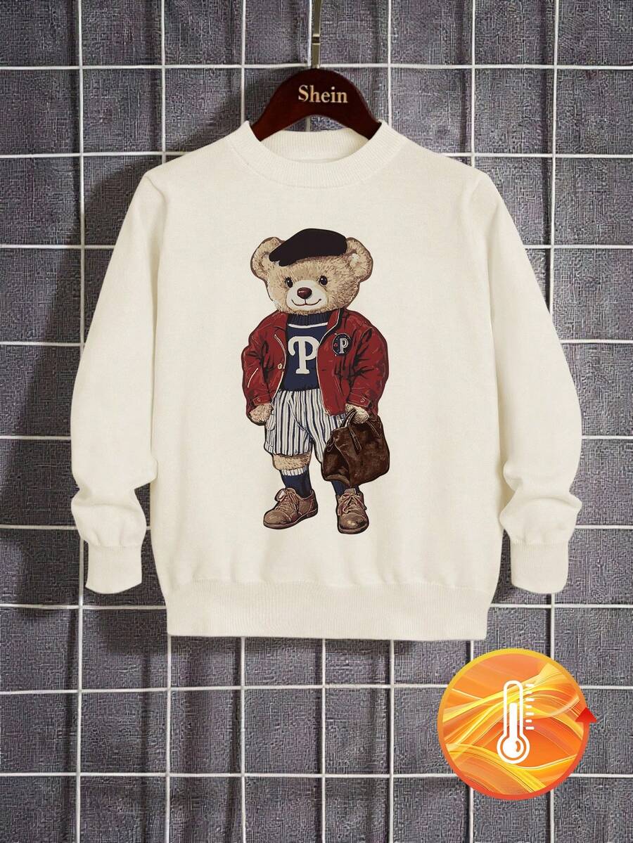 1pc Tween Boy Fashion Campus Sports Gentleman Vintage Bear Graphic Print Long Sleeve Sweater, Suitable For Tween Boys, Autumn/Winter, Suitable For Indoor, Everyday, Holiday Party Wear - White - View 1