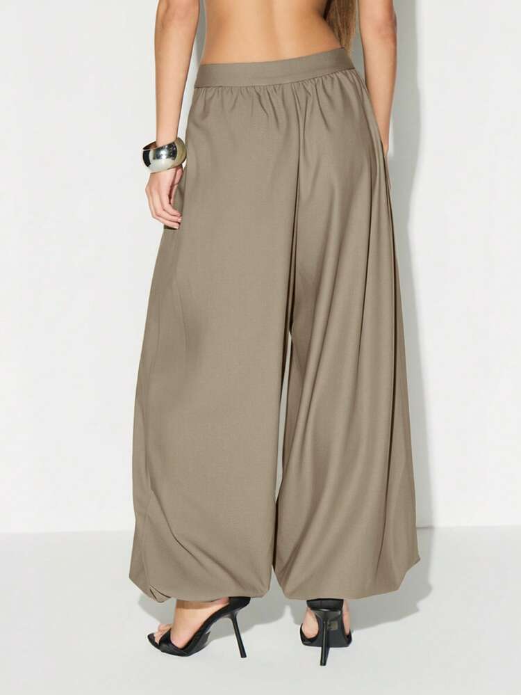 KIZN Wide Leg Palazzo Pants With Button Detail High Waist Drape Front Cropped Ankle Length Bohemian Style Flowing Bottoms