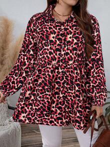 SHEIN LUNE Damen Große Größen Leoparden-Muster Kragen Langarm Bluse, Herbst/Winter Leoparden Bluse Damen Oberteile Knopfleiste Damen Hemd Business Lässig Frau Arbeitsbluse Business Bluse Thanksgiving Feiertag - Rot - Übersicht 5