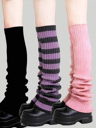 Anime 2 Pairs Y2K Style Random Color Knitted Leg Warmers, Versatile Over-The-Knee Leg Warmers, Preppy Daily Wear