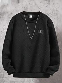 SHEIN Tween Boy Solid Round Neck Long Sleeve Sweatshirt With Emblem, Casual For Everyday Wear, School, Campus, College Chic Outfits For Autumn/Winter