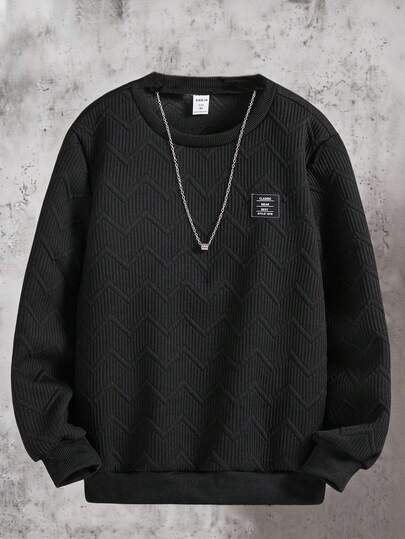 SHEIN Vacaura 男童纯色圆领长袖卫衣，带徽标，休闲百搭，适合日常穿着、上学、校园、大学等场合，秋冬季时尚之选。