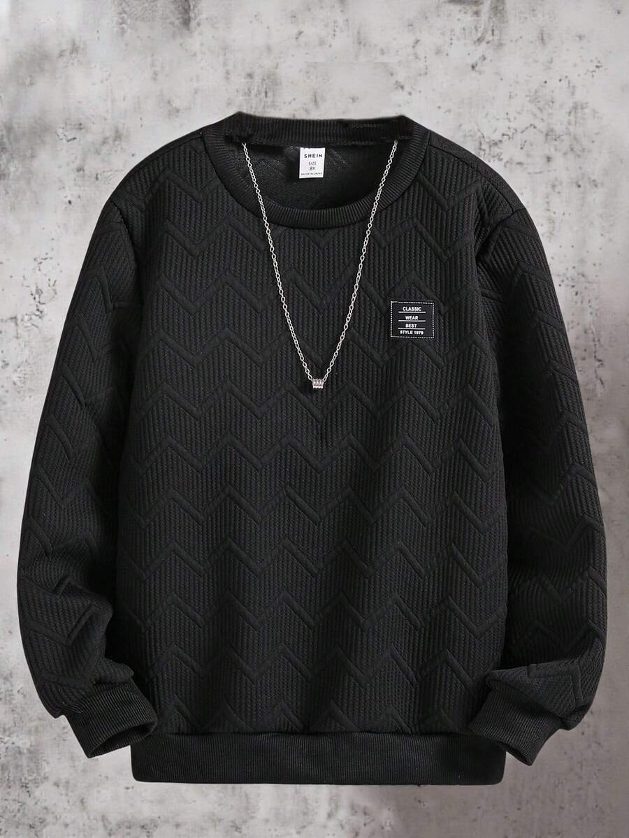 SHEIN Tween Boy Solid Round Neck Long Sleeve Sweatshirt With Emblem, Casual For Everyday Wear, School, Campus, College Chic Outfits For Autumn/Winter