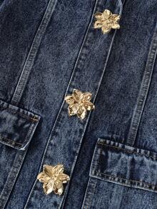 GlowEve Women's Lapel NeckLong Sleeve Metallic Floral Decor Casual Denim Blouse Denim Jacket Women Jean Jacket With Belt Women's Denim Outerwear Long Sleeve Denim Jacket Denim Coat With Belt - Blue - View 6