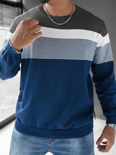 Manfinity Homme Jersey casual de cuello redondo de manga larga a rayas para hombre de talla grande, otoño/invierno