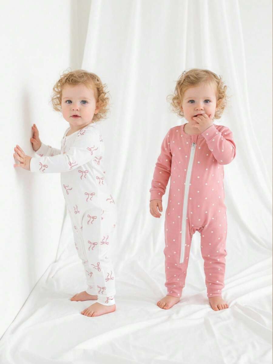 SHEIN 2pcs Baby Girls' Pink & White Long Sleeve Romper Pajama Set, Cute Polka Dot & Bow Print Design,Snug Fit Fall Winter - Pink - View 1
