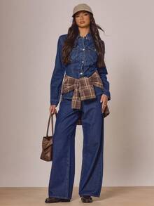 MUSERA Contrast Stitch Wide Leg Denim Jeans Fall Autumn Winter Cottage Core Cute Cosy Holidays Country Calling Spring Summer - Blue - View 2