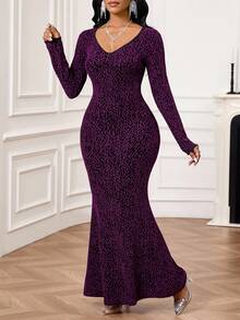 SHEIN Lady 女士V领长袖修身性感连衣裙 - 紫色 - 查看 3