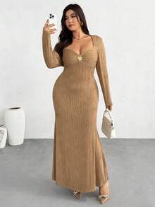 Firerie 大码女士优雅简约长袖连衣裙 - 卡其色 - 查看 7