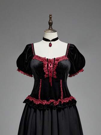 Goth Blusa vintage in velluto con maniche a palloncino e vita stretta, per taglie comode