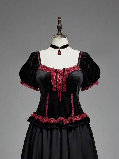 Goth Blouse vintage à manches bouffantes en velours avec taille cintrée pour femmes grande taille