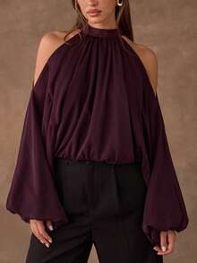 SHEIN BAE Women's Fashion Solid Color Open Shoulder Long Sleeve Blouse - Brown - View 7